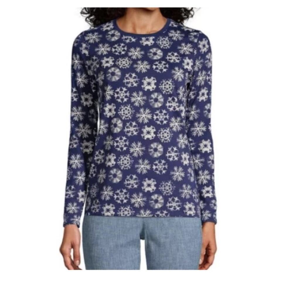 Lands End Snowflake Print Winter Festive Long Sleeve Top Size Large 14-16